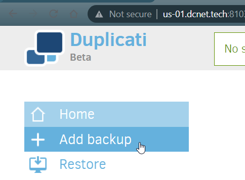 Duplicati Home Page with Add Backup Button