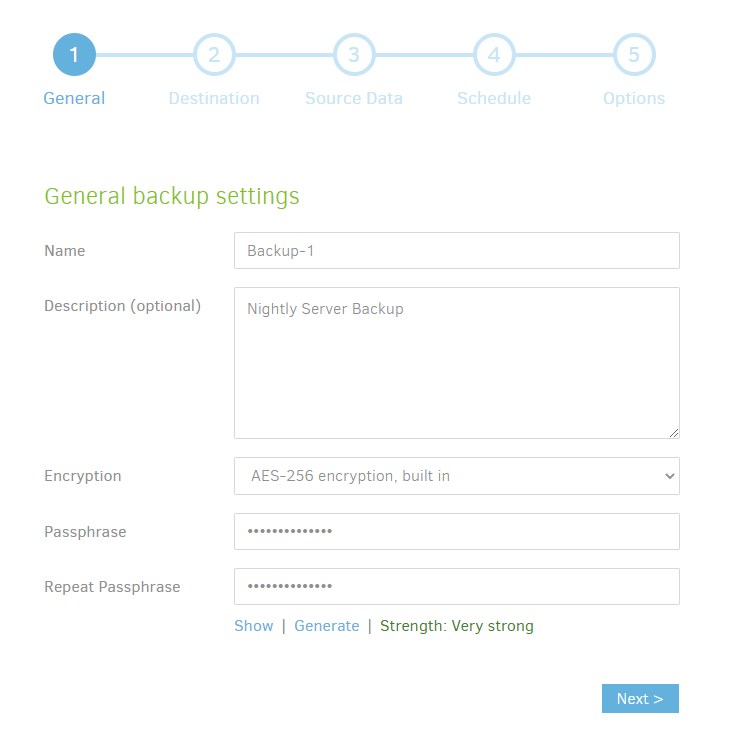 Duplicati General Screen with Name Description and Passphrase