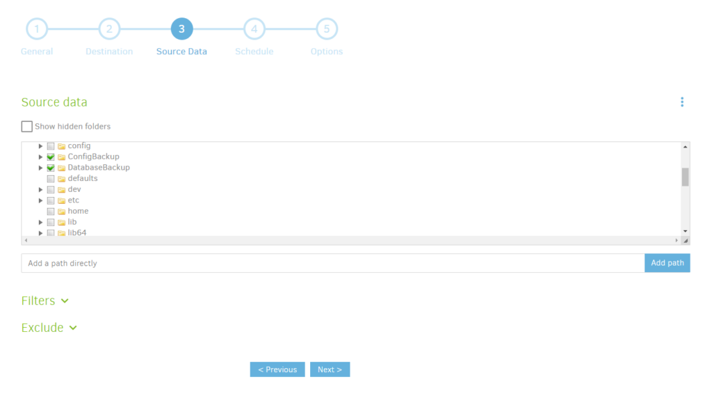 Duplicati Source Data Screen with Folder Selection