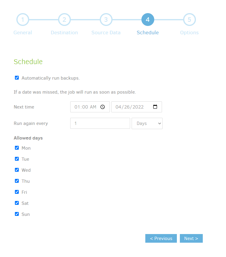 Duplicati Schedule Screen with Scheduling Options