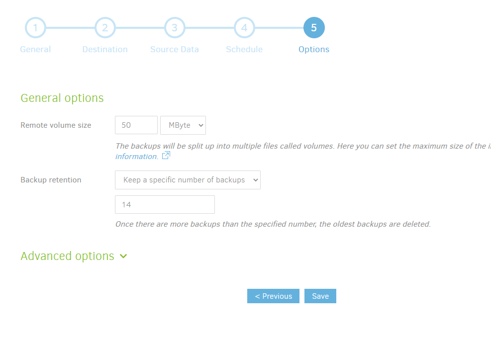 Duplicati Options Screen with Backup Retention Settings