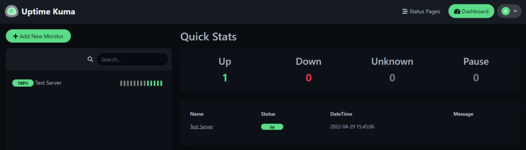 Uptime-Kuma Dashboard with Monitors and Status Summary