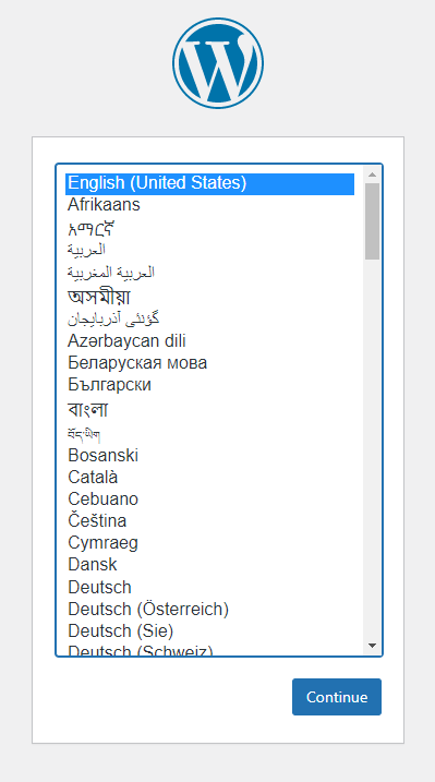 WordPress Language Selection Screen