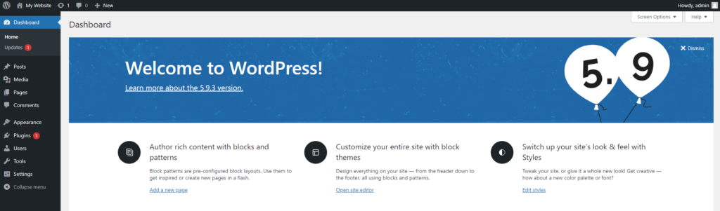 WordPress Main Dashboard with Update Notifications