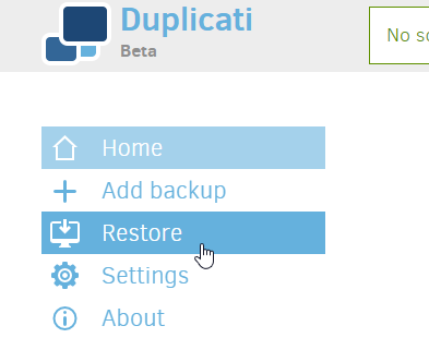 Duplicati Interface Restore Button