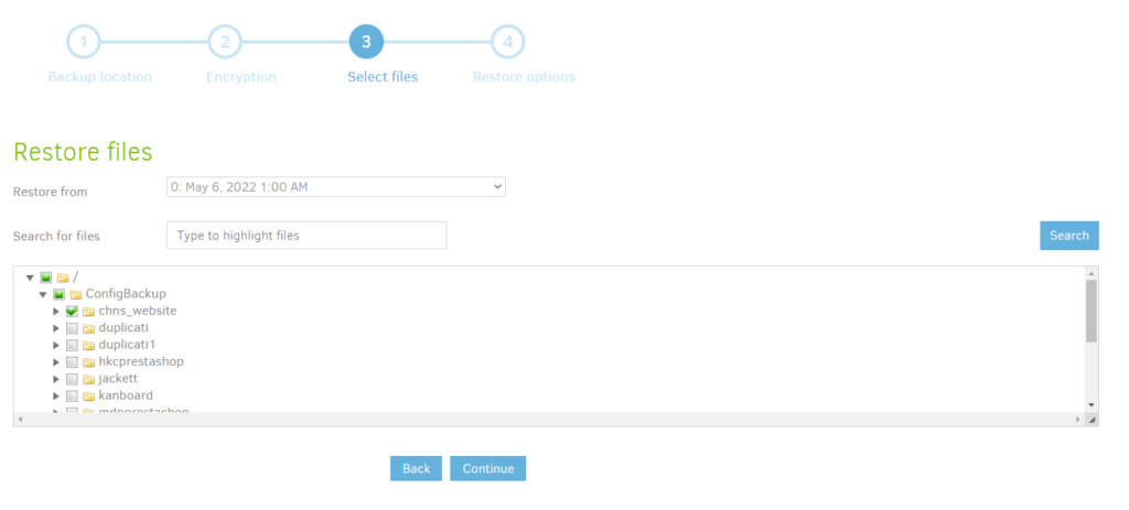 Duplicati Restore Point and Folder Selection