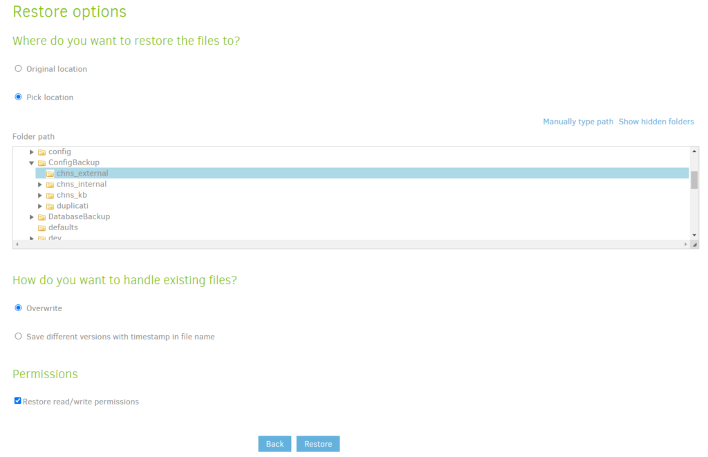 Duplicati Restore Settings and Options