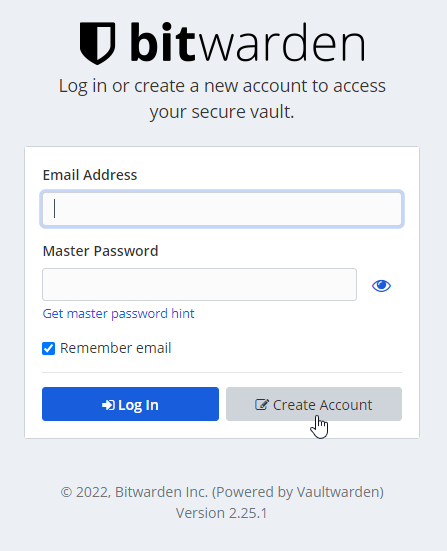 Bitwarden Login Interface with Create Account Button