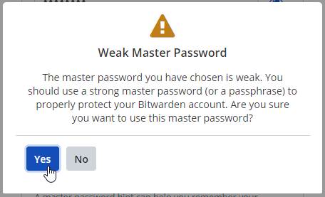 Bitwarden Weak Password Warning Popup