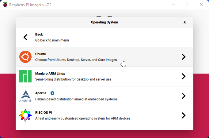 Raspberry Pi Imager Ubuntu Option