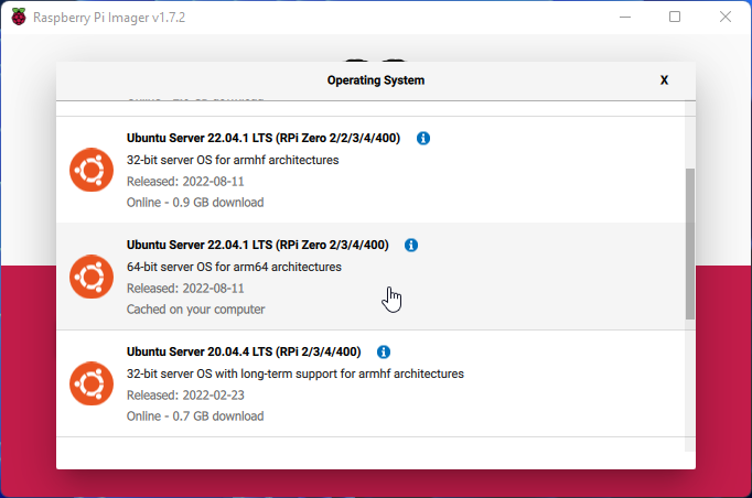 Raspberry Pi Imager Ubuntu Version Selection