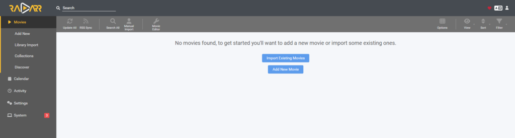 Radarr Initial Interface with System Errors