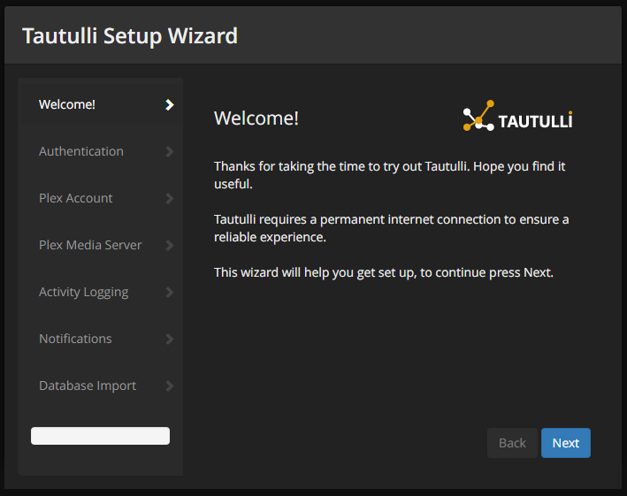 Tautulli Welcome Page