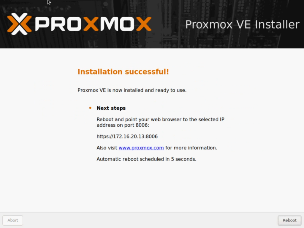 Proxmox Installation Successful Screen
