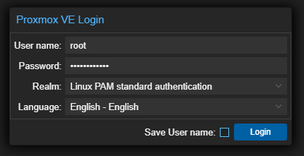 Proxmox Web Interface Login Screen