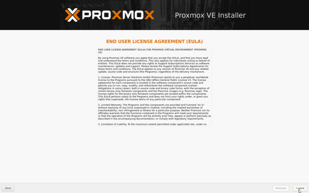 Proxmox EULA Screen