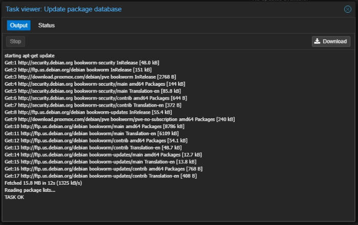 Proxmox Package Database TASK OK