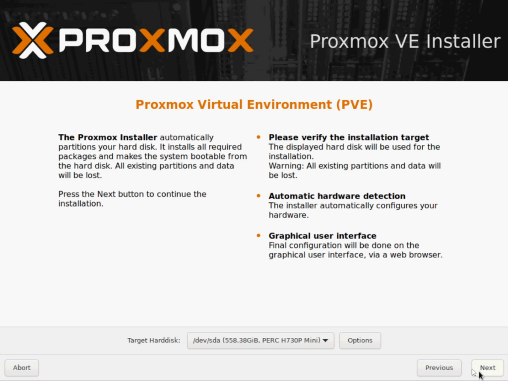 Proxmox Target Harddisk Screen