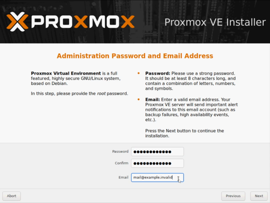 Proxmox Password and Email Screen