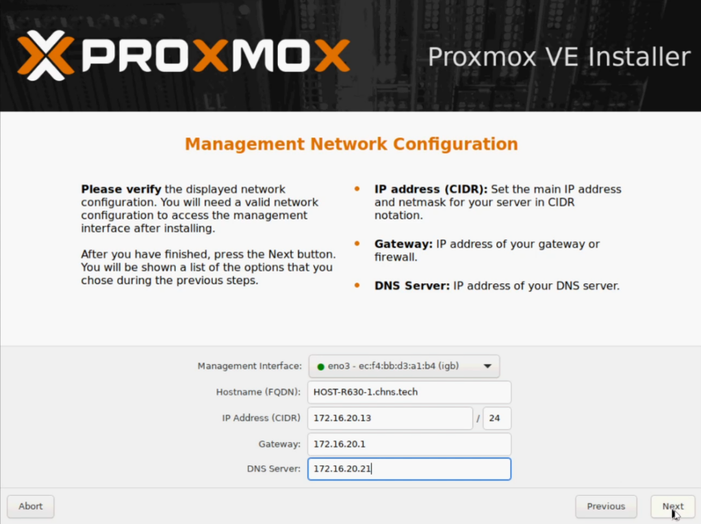 Proxmox Network Configuration Screen