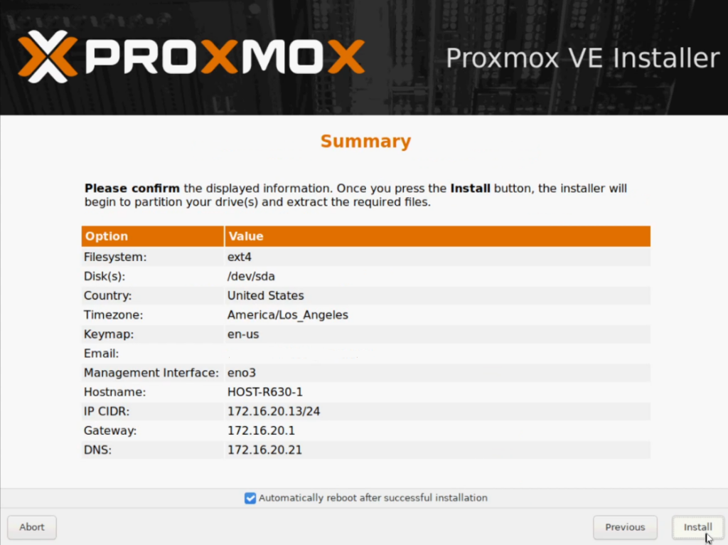 Proxmox Installation Summary Screen