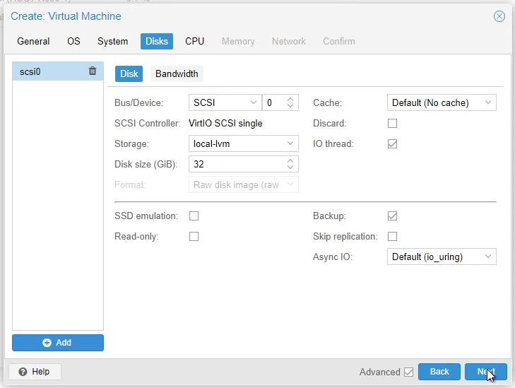 Proxmox Linux VM Disks Settings