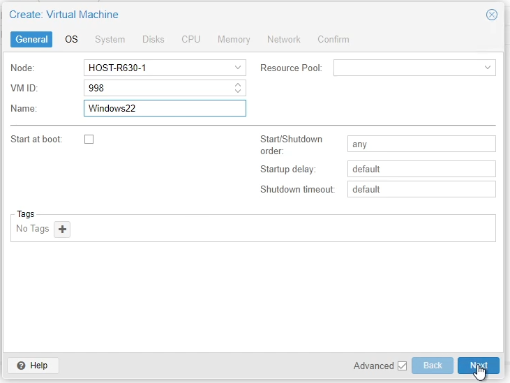 Proxmox Windows VM General Settings