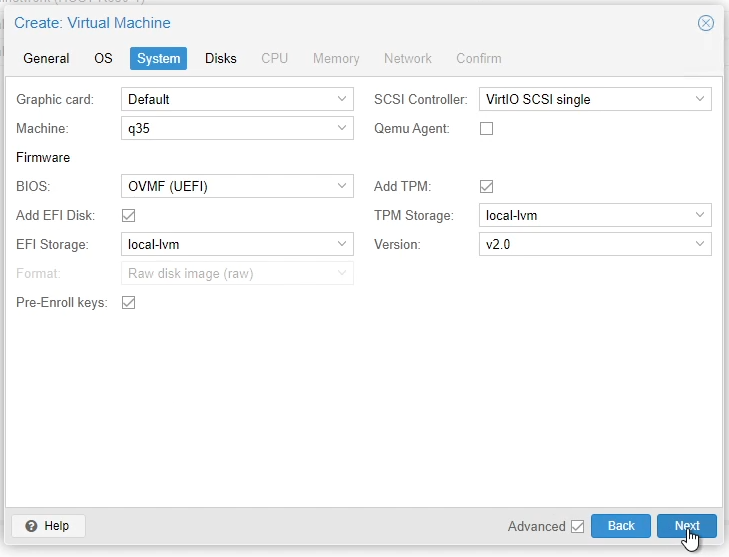 Proxmox Windows VM System Settings