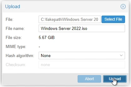 Proxmox Upload Window with File Details