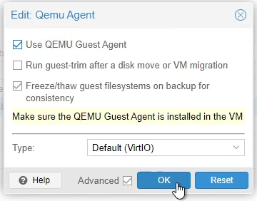 Proxmox Enable QEMU Guest Agent Checkbox