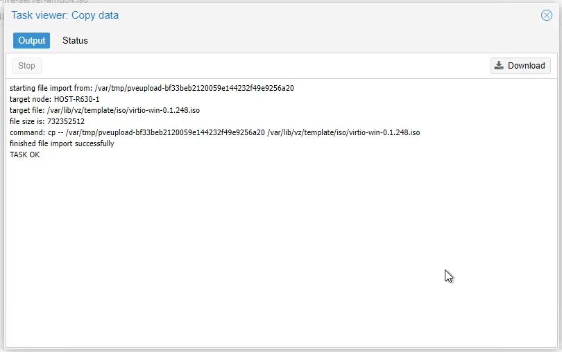 Proxmox VirtIO Upload TASK OK