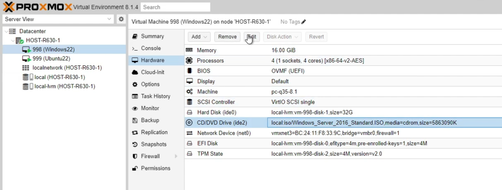 Proxmox VM Hardware CD/DVD Drive Edit