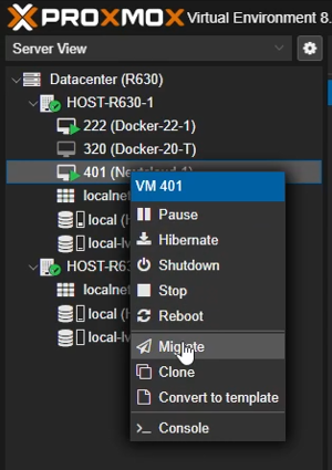 Proxmox VM Right Click Migrate Option