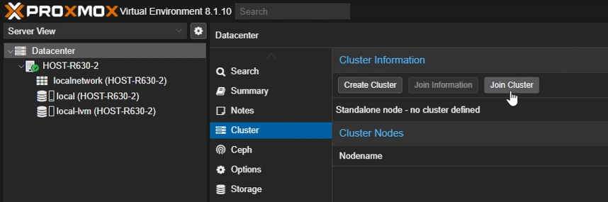 Proxmox Join Cluster Button