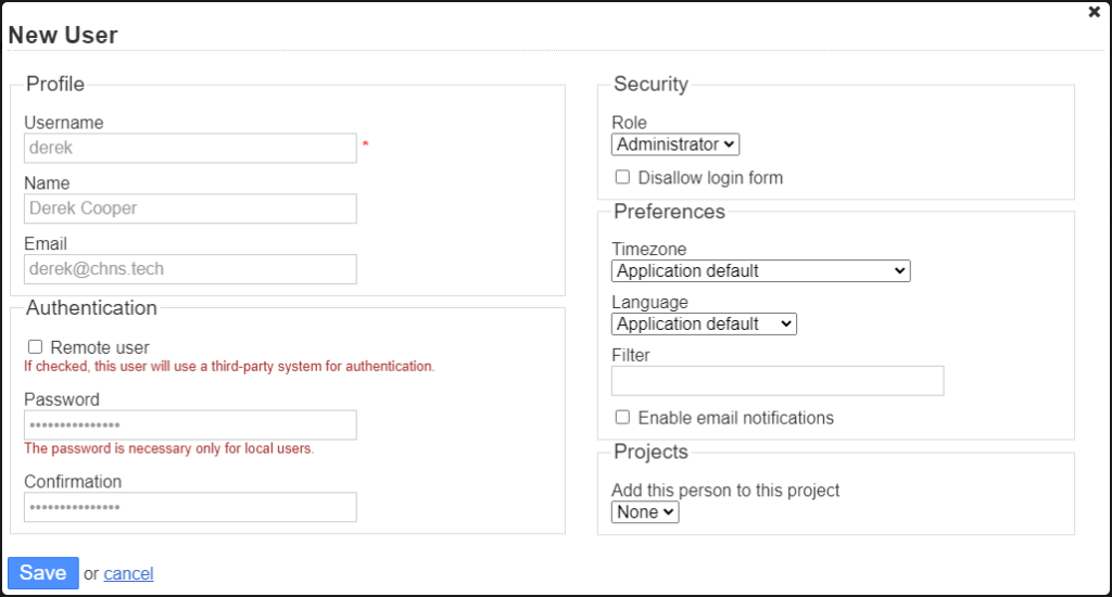 Kanboard New User Form