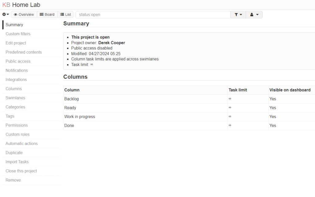 Kanboard Project Summary Page