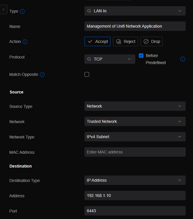 Unifi Management Access Rule Configuration