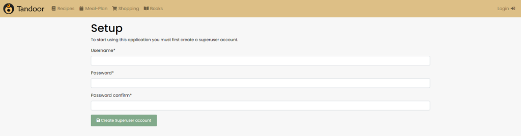 Tandoor Recipes Setup Screen