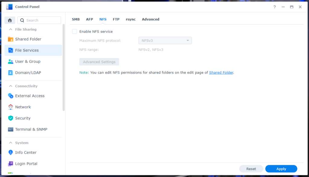 Synology Control Panel File Services NFS Tab