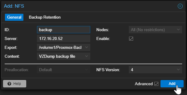 Proxmox Add NFS Configuration Screen