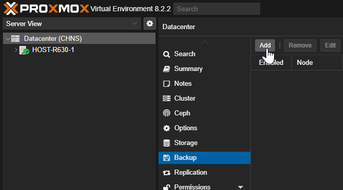 Proxmox Datacenter Backup Add Button