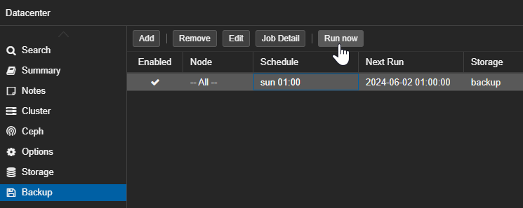 Proxmox Backup Job Run Now Button