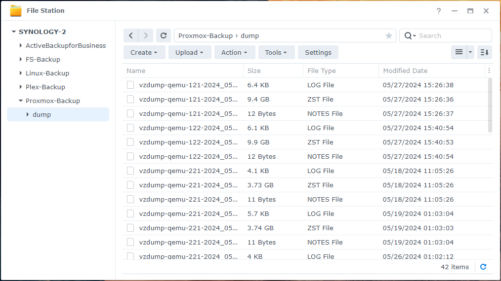 Synology File Station Backup Dump Files