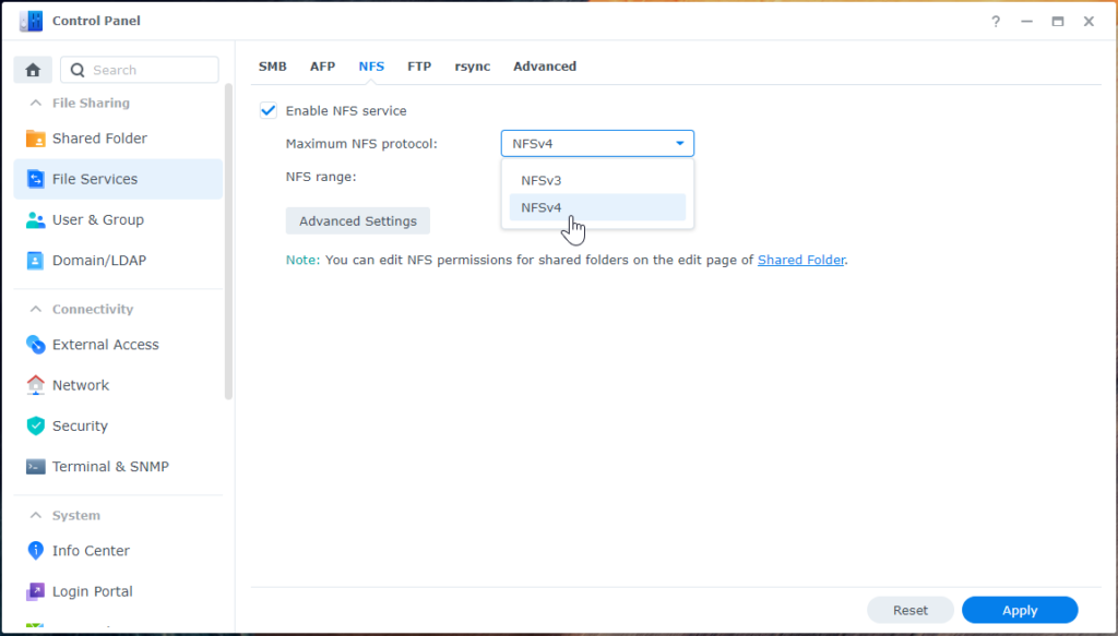 Synology Enable NFS Service Version Selection