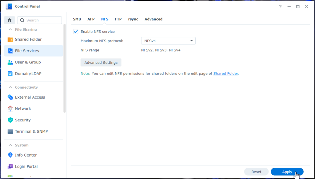 Synology NFS Service Apply Confirmation