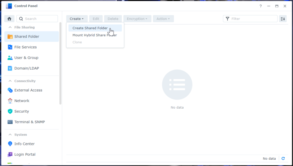 Synology Create Shared Folder Menu