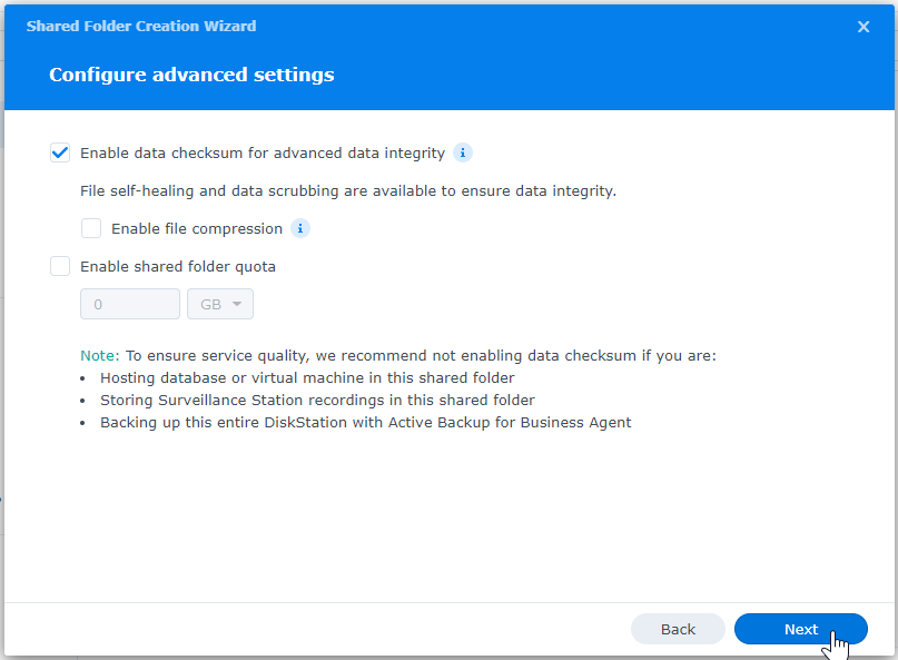 Synology Data Checksum and File Compression Settings