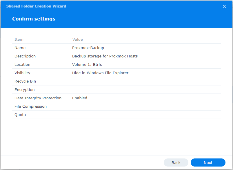 Synology Shared Folder Settings Confirmation
