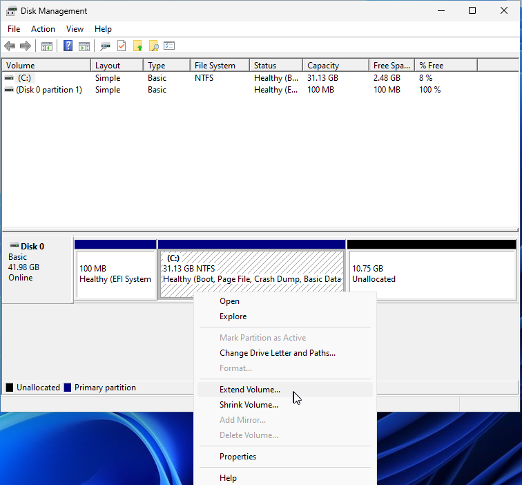 Extend Volume Option Available