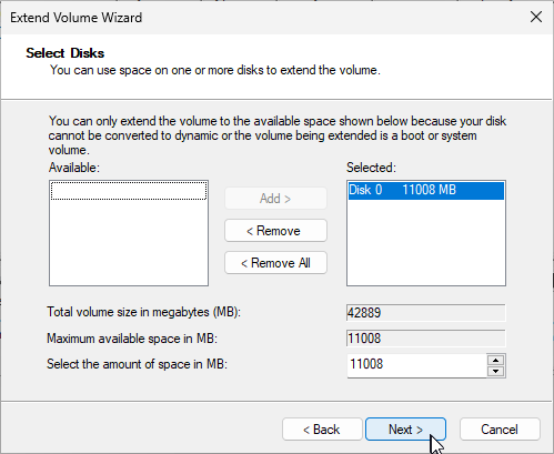 Extend Volume Unallocated Space Selection